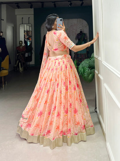 Peach Tabby Silk Floral Printed Lehenga Choli