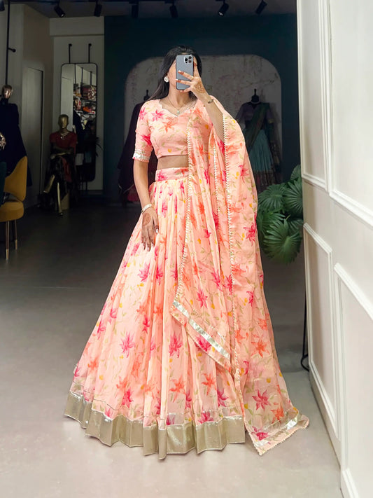 Peach Tabby Silk Floral Printed Lehenga Choli