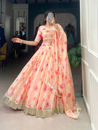 Peach Tabby Silk Floral Printed Lehenga Choli