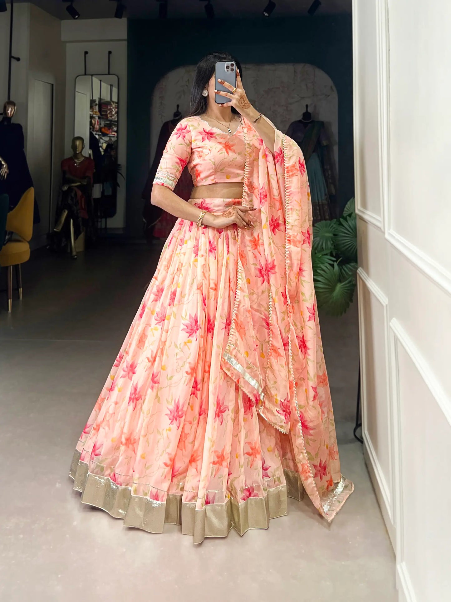 Peach Tabby Silk Floral Printed Lehenga Choli