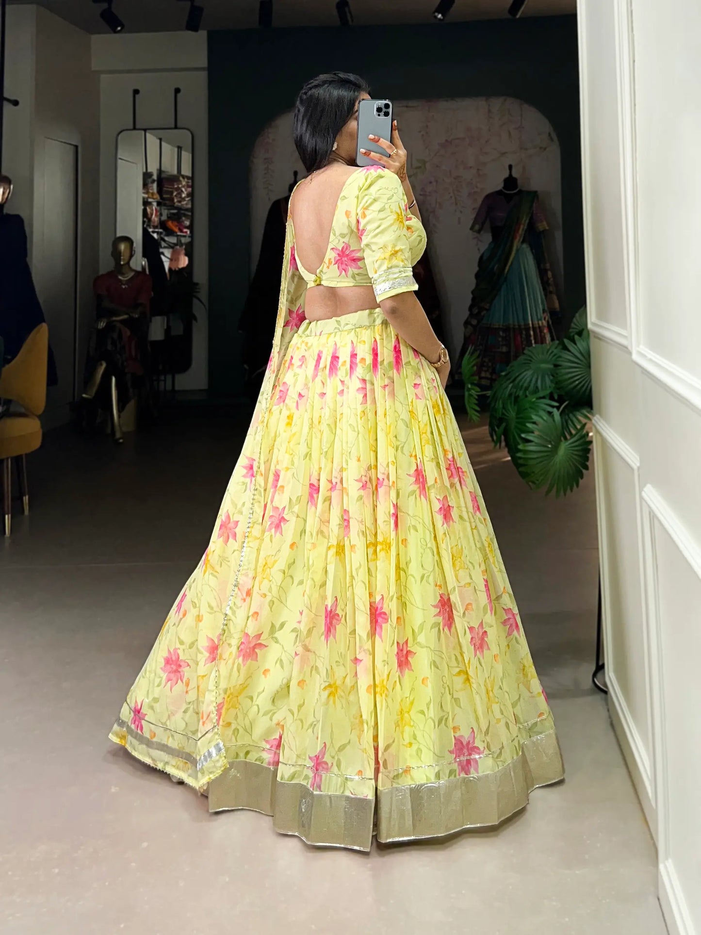 Yellow Tabby Silk Floral Printed Lehenga Choli