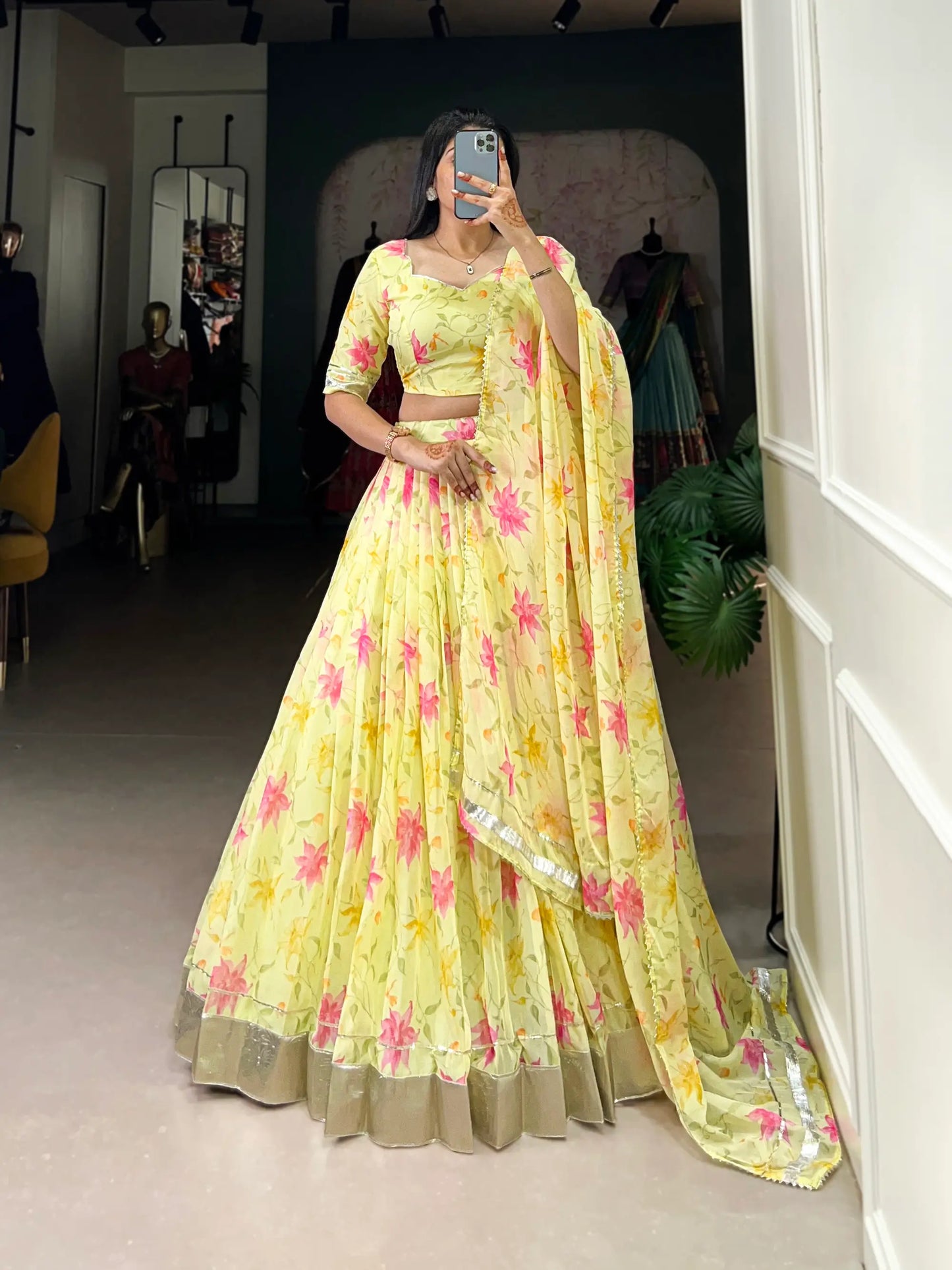 Yellow Tabby Silk Floral Printed Lehenga Choli