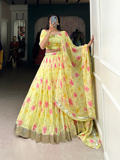 Yellow Tabby Silk Floral Printed Lehenga Choli