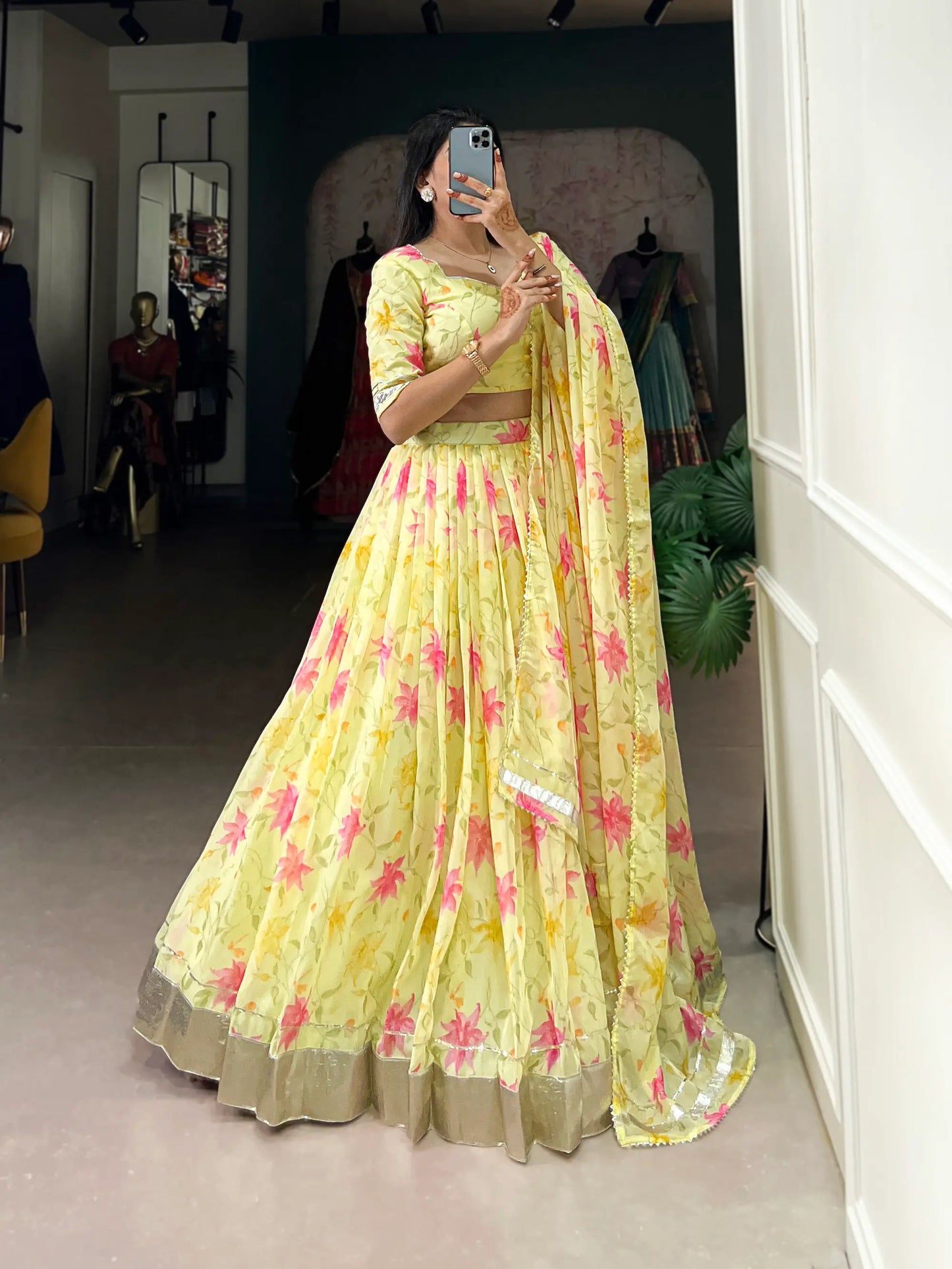 Yellow Tabby Silk Floral Printed Lehenga Choli