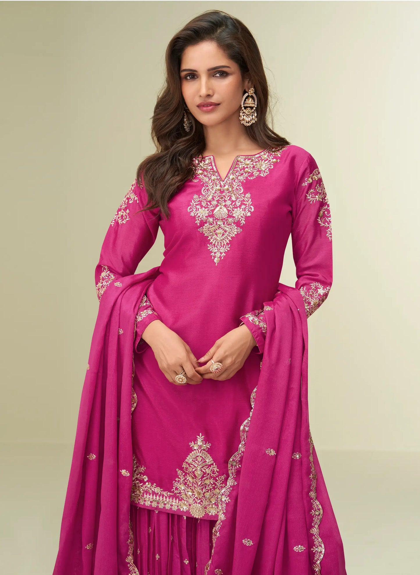 Dark Pink Chinon Silk Palazzo Suit With Embroidery Work