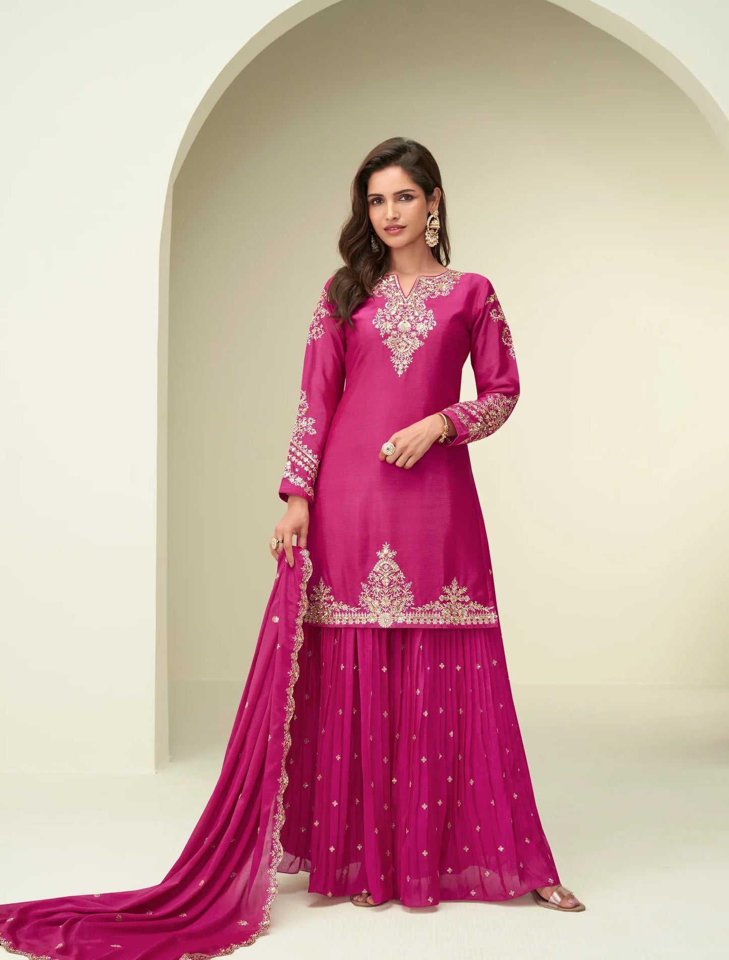 Dark Pink Chinon Silk Palazzo Suit With Embroidery Work