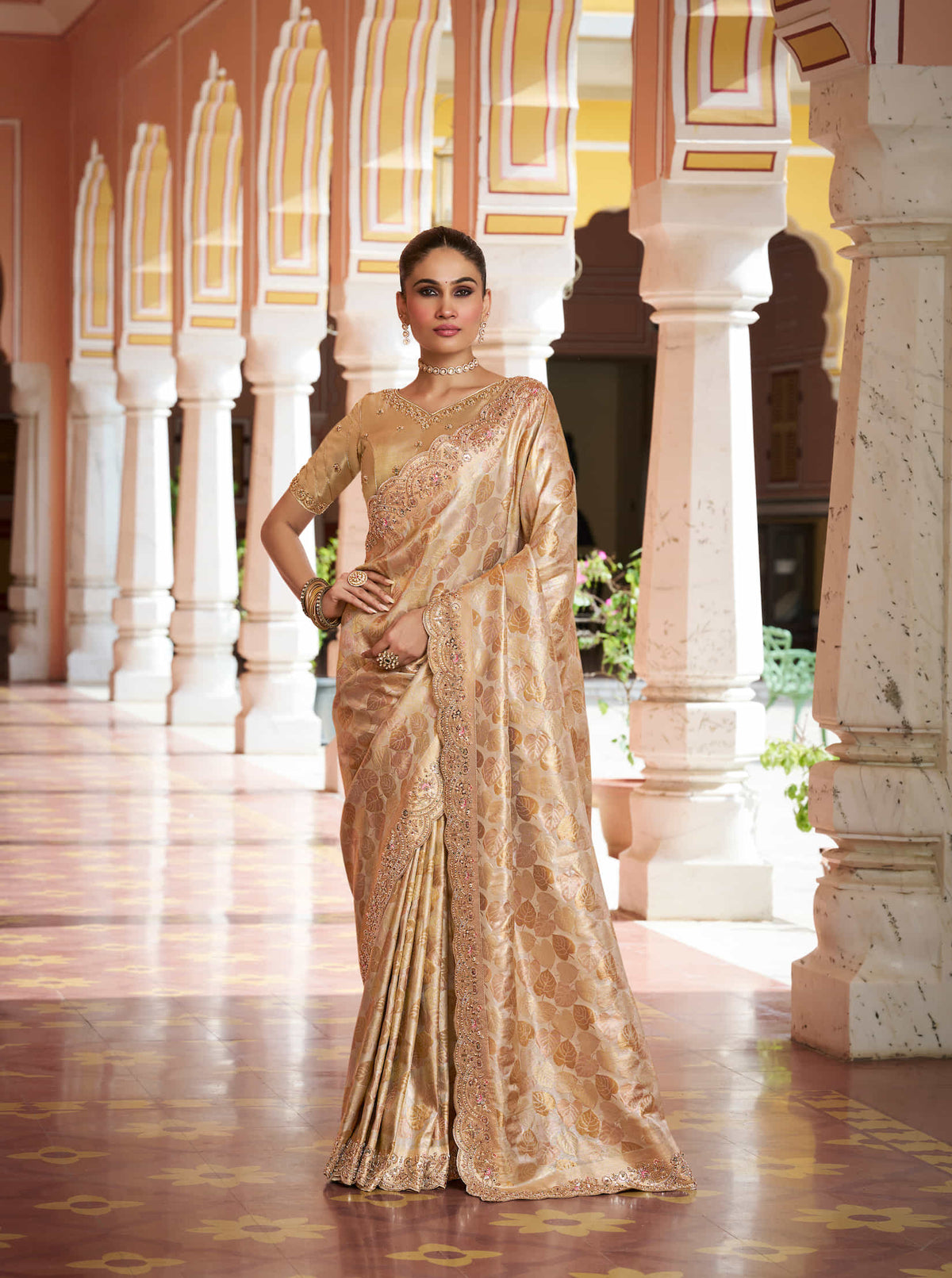 Golden Beige Kanjivaram silk Bead Work Saree