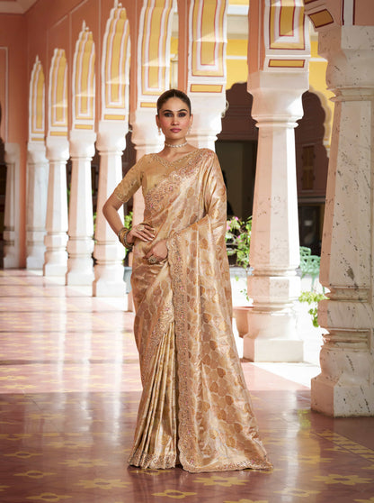 Golden Beige Kanjivaram silk Bead Work Saree