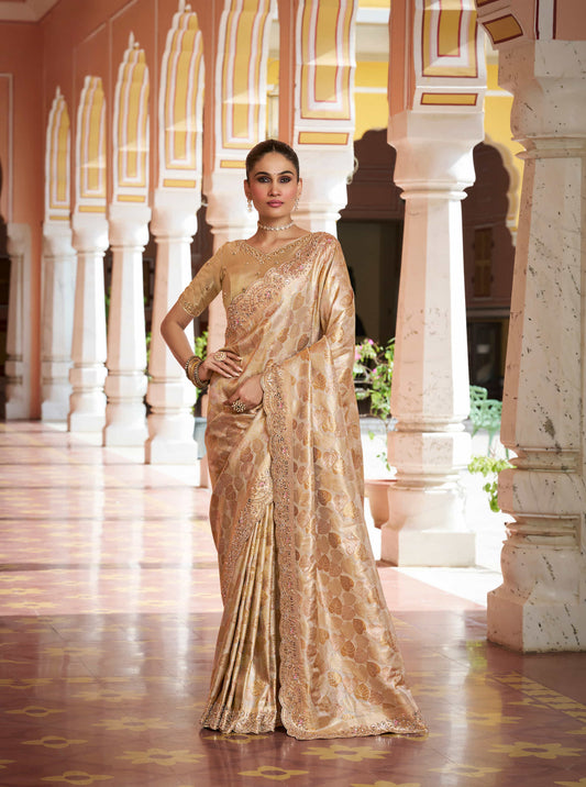 Golden Beige Kanjivaram silk Bead Work Saree
