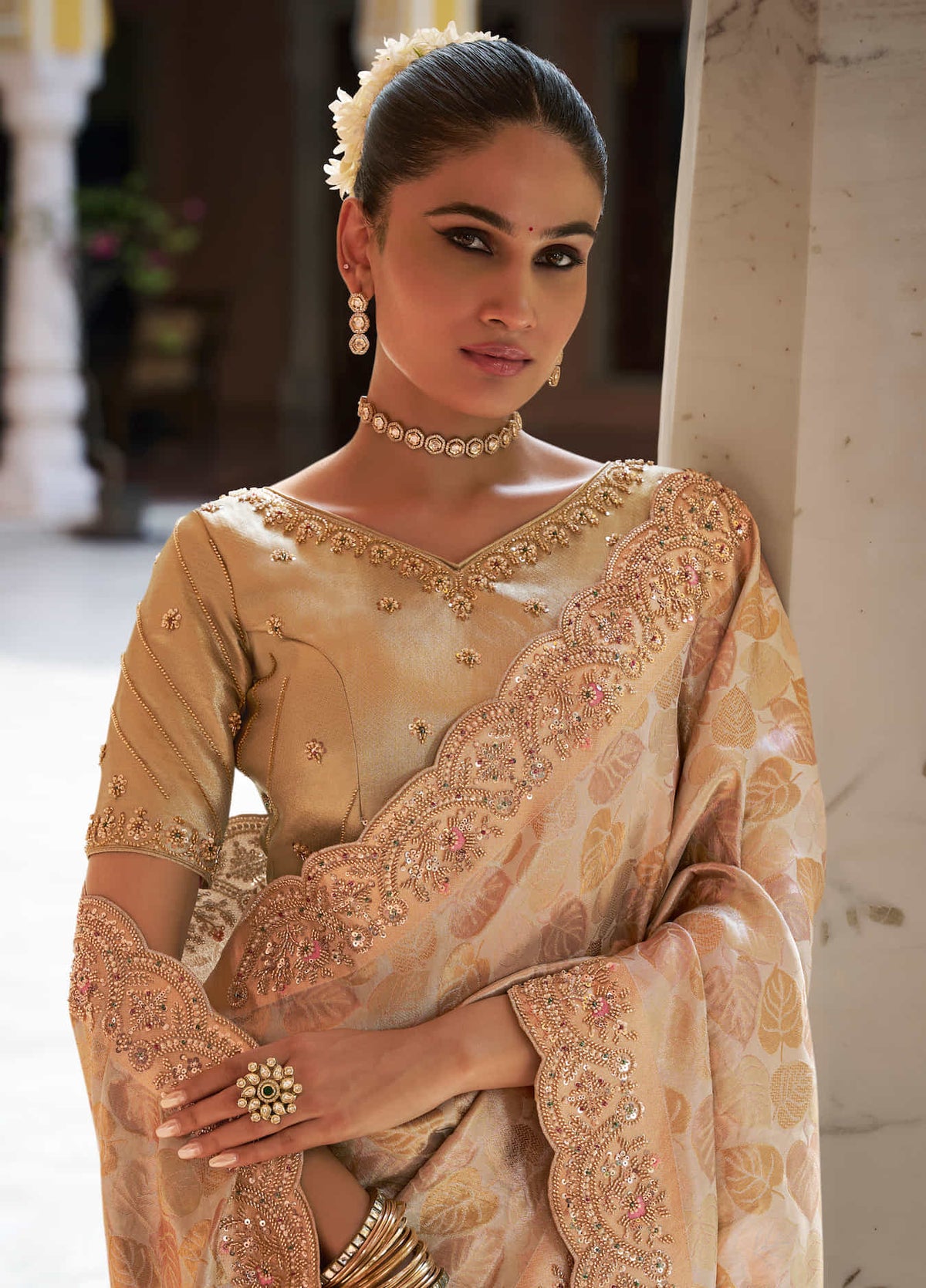 Golden Beige Kanjivaram silk Bead Work Saree