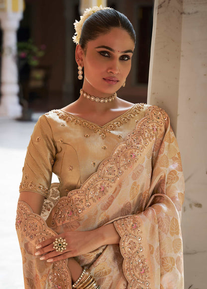 Golden Beige Kanjivaram silk Bead Work Saree