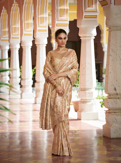 Golden Beige Kanjivaram silk Bead Work Saree
