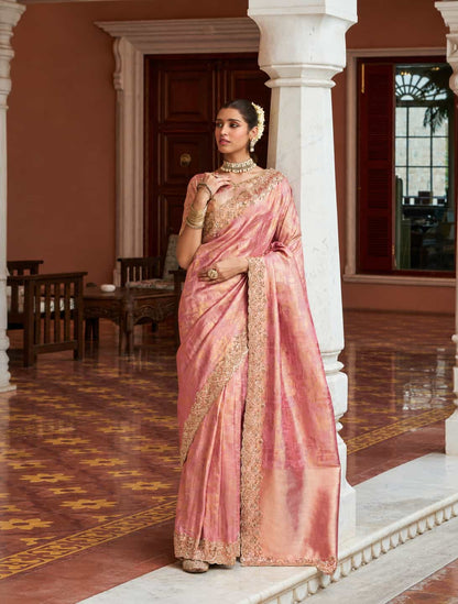Rosy Pink Kanjivaram silk Bead Work Saree