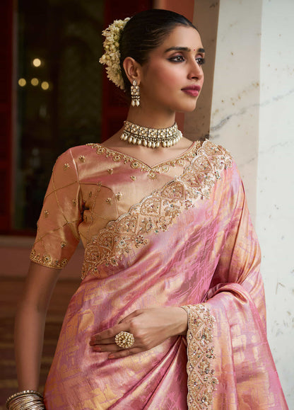 Rosy Pink Kanjivaram silk Bead Work Saree