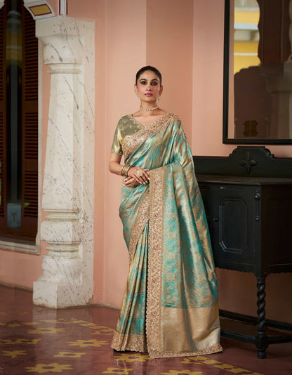 Aqua Green Kanjivaram silk Bead Work Saree