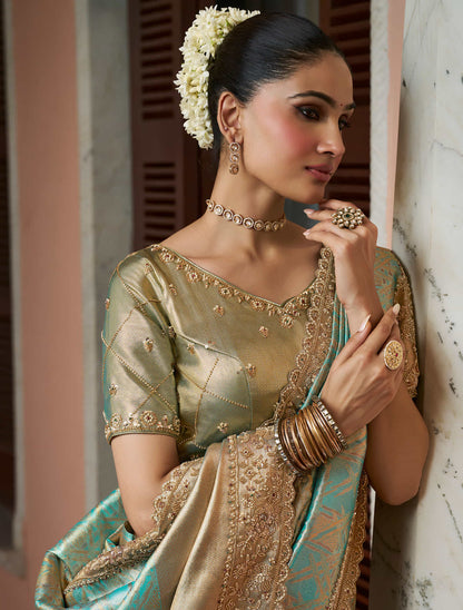 Aqua Green Kanjivaram silk Bead Work Saree