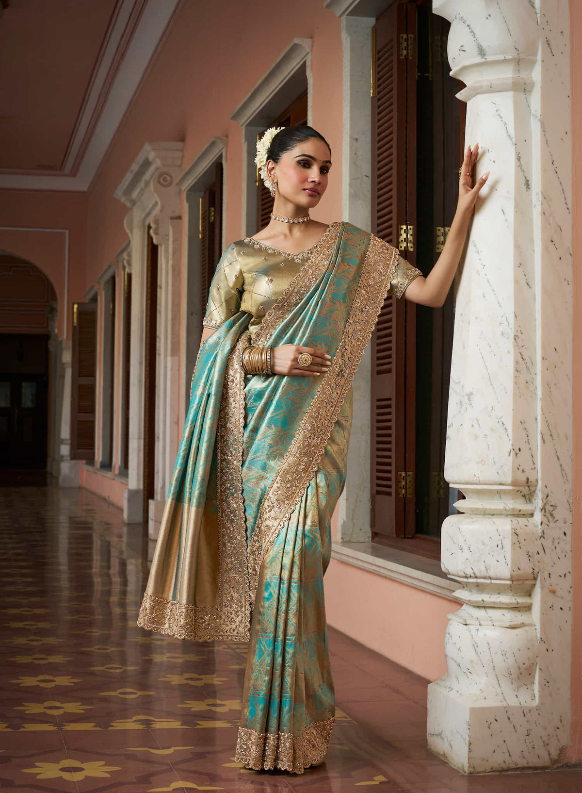 Aqua Green Kanjivaram silk Bead Work Saree