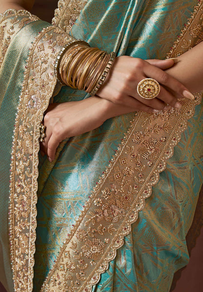 Aqua Green Kanjivaram silk Bead Work Saree