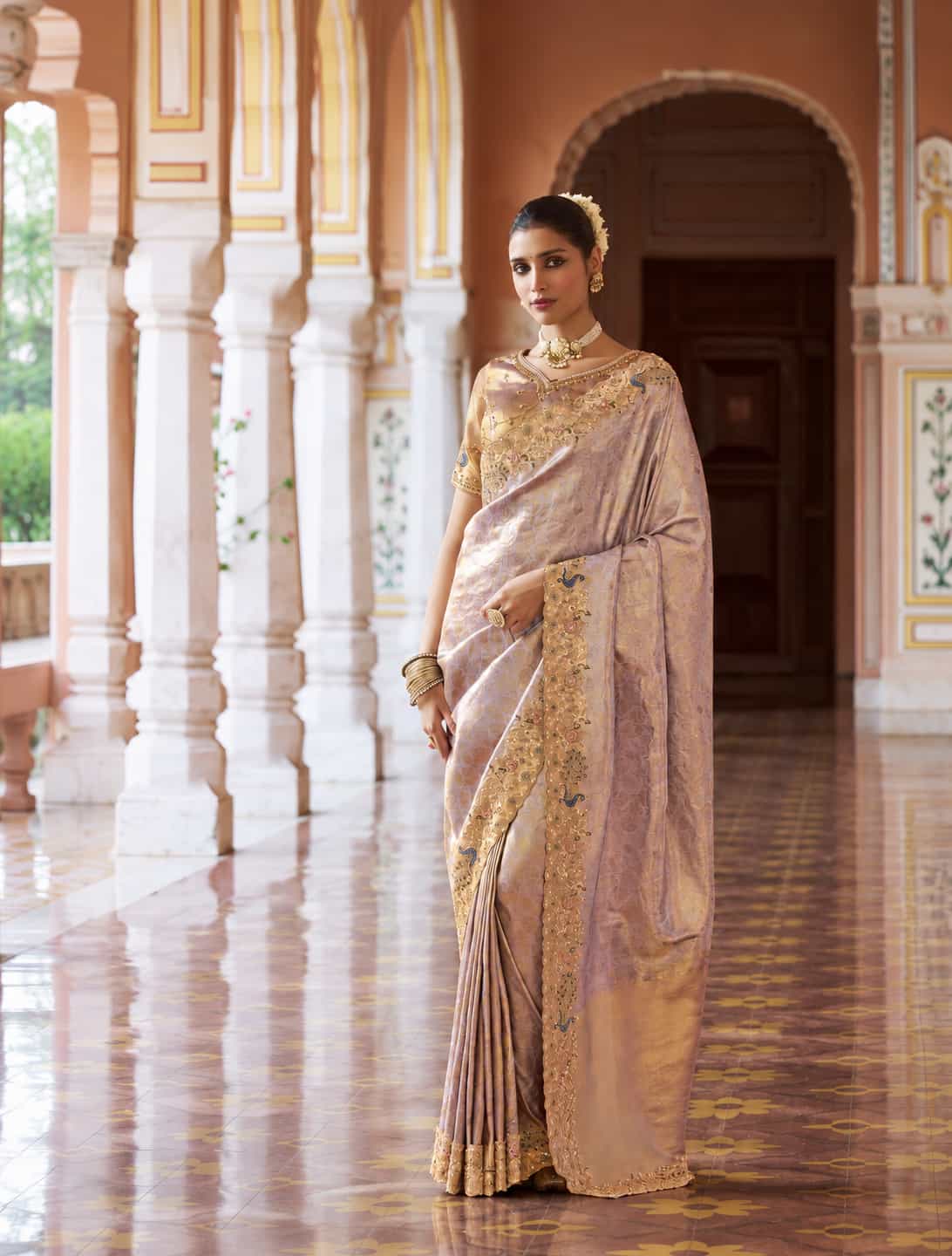 Lavender Kanjivaram silk Bead Work Saree