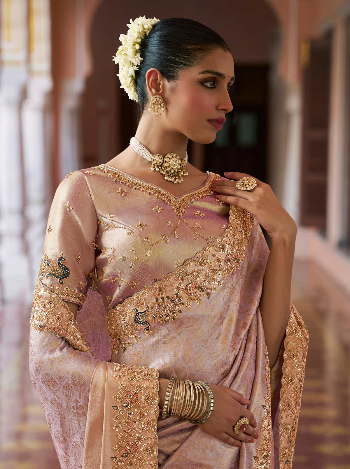 Lavender Kanjivaram silk Bead Work Saree
