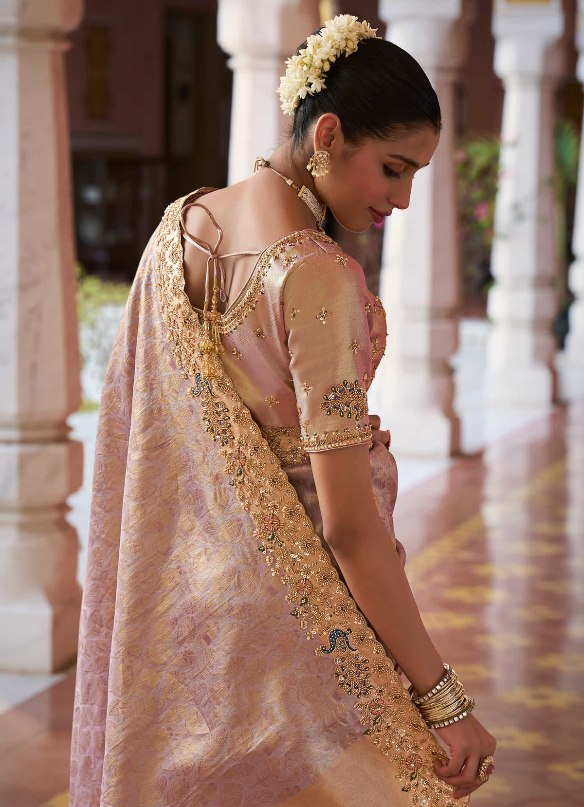 Lavender Kanjivaram silk Bead Work Saree