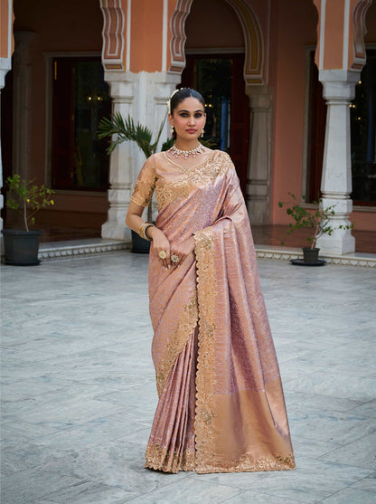 Mauve Pink Kanjivaram silk Bead Work Saree