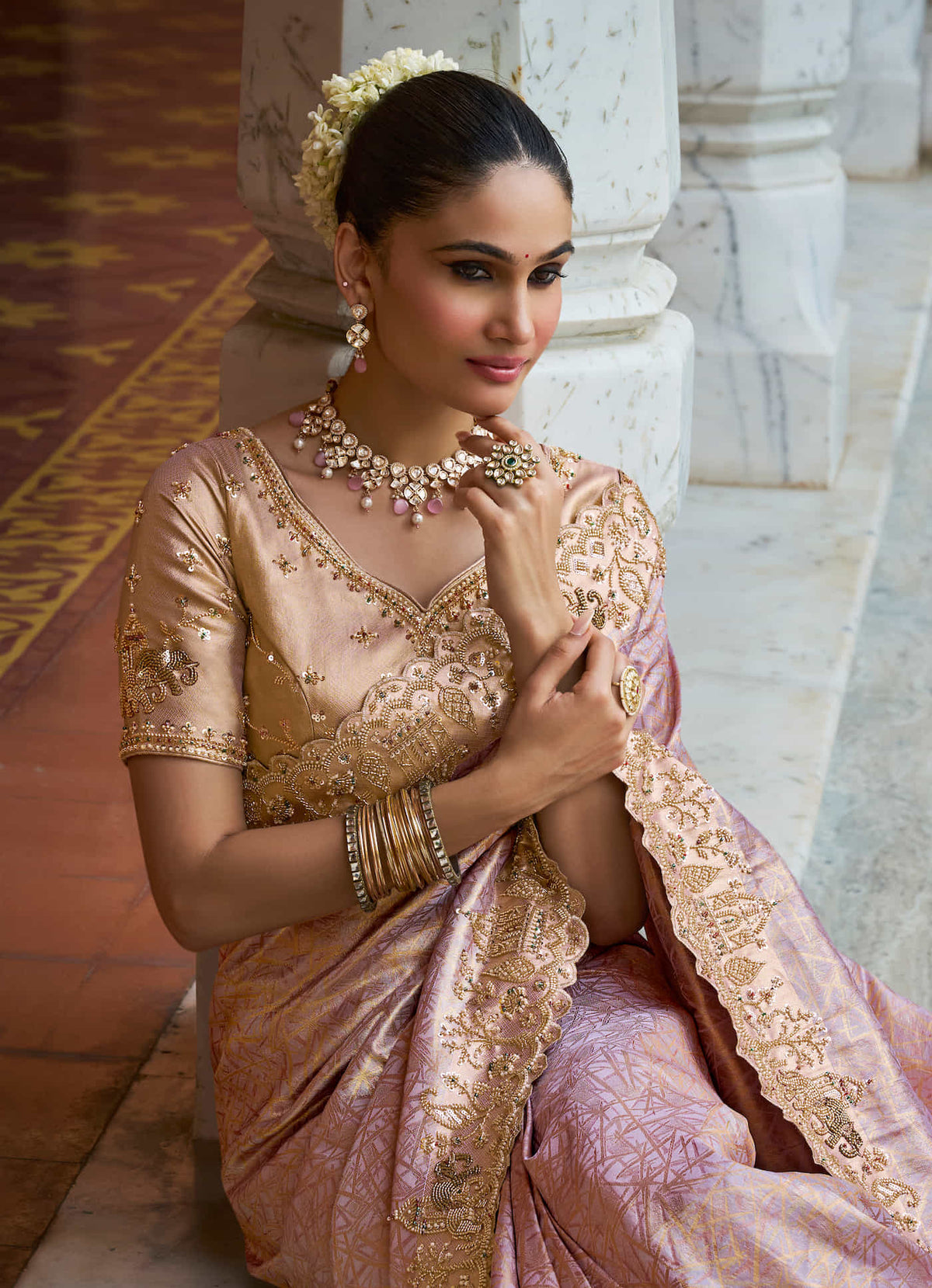 Mauve Pink Kanjivaram silk Bead Work Saree