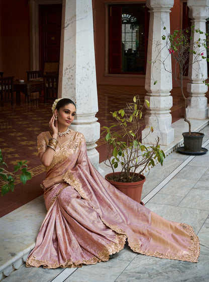 Mauve Pink Kanjivaram silk Bead Work Saree