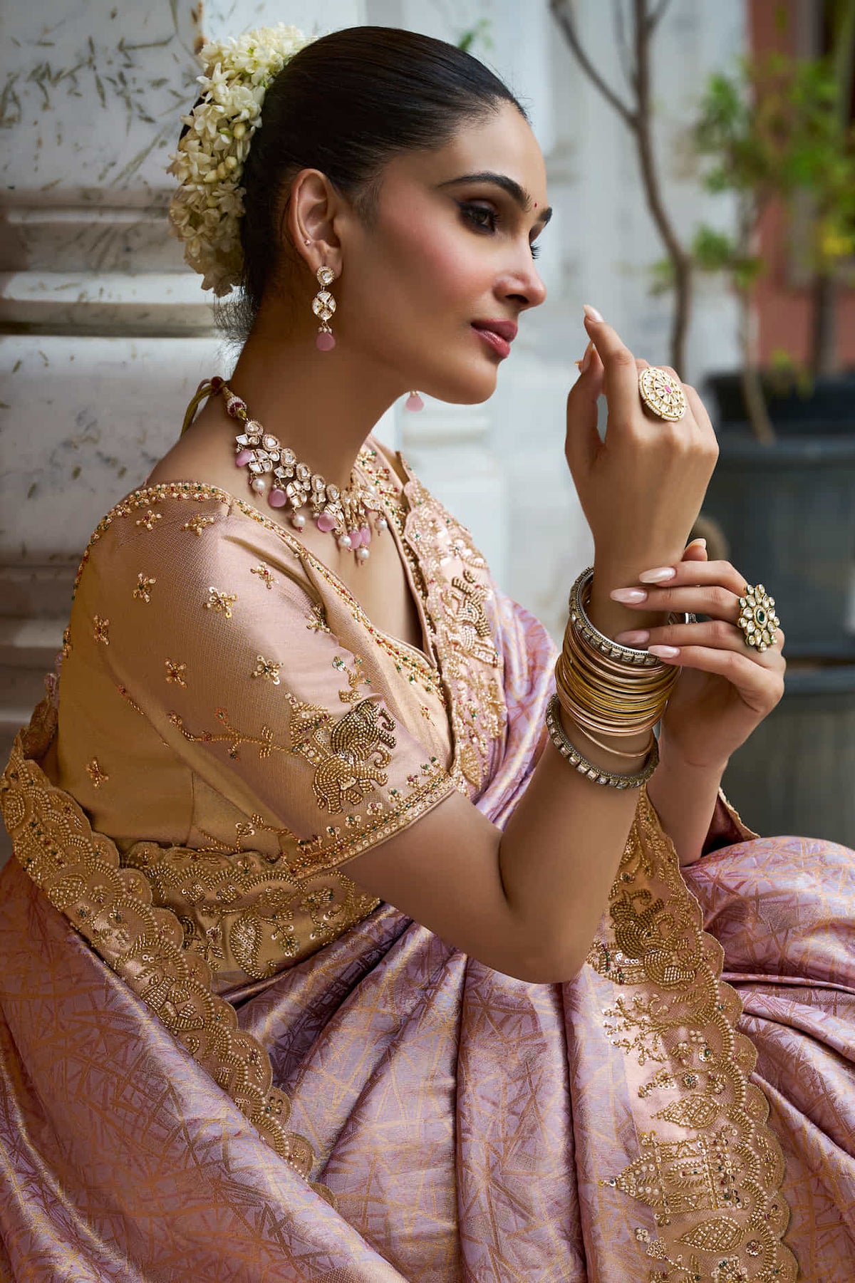 Mauve Pink Kanjivaram silk Bead Work Saree