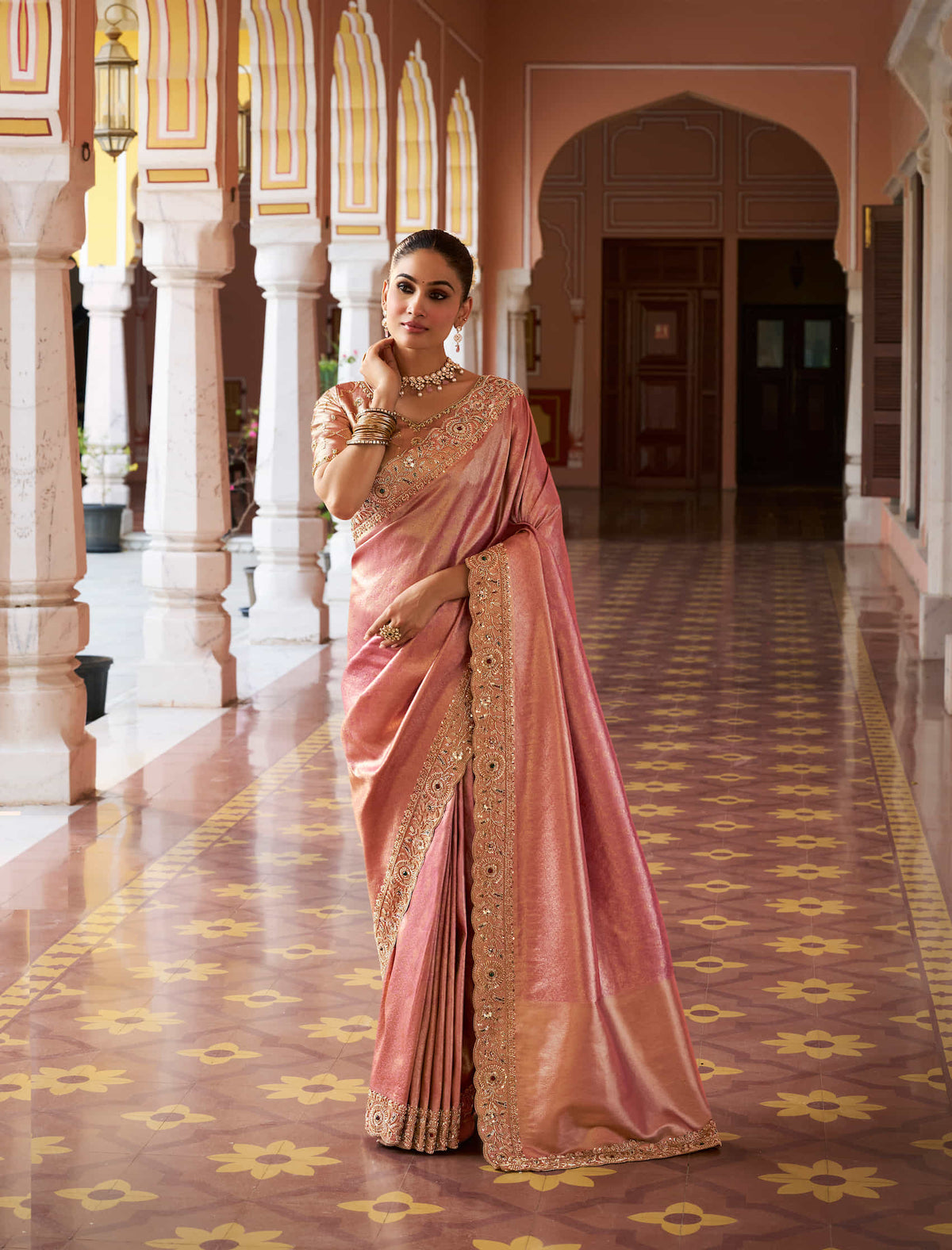 Peach Pink Kanjivaram silk Bead Work Saree