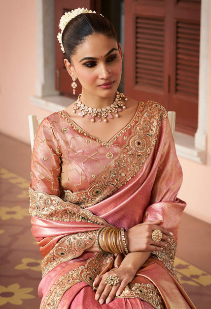 Peach Pink Kanjivaram silk Bead Work Saree