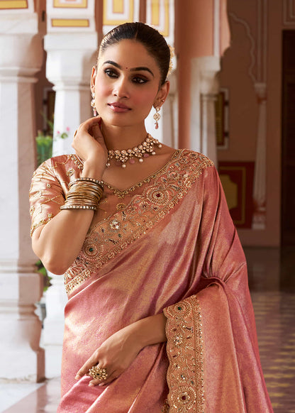 Peach Pink Kanjivaram silk Bead Work Saree