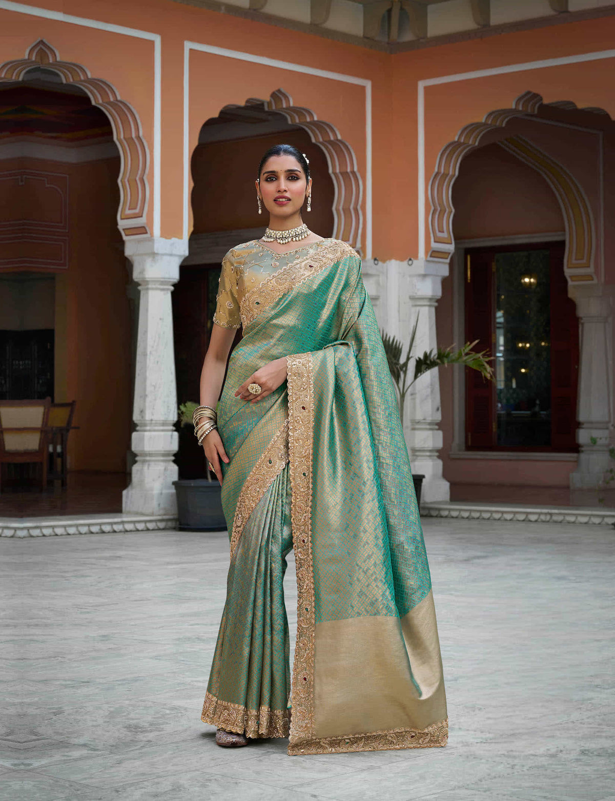 Sea Green Kanjivaram silk Bead Work Saree