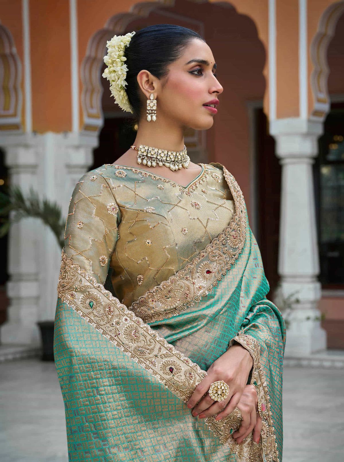 Sea Green Kanjivaram silk Bead Work Saree