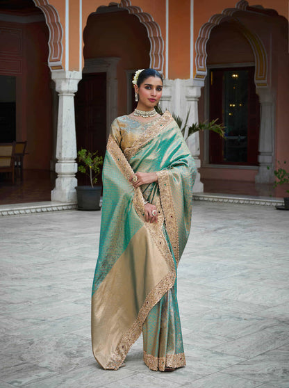 Sea Green Kanjivaram silk Bead Work Saree