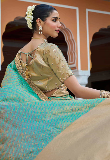 Sea Green Kanjivaram silk Bead Work Saree