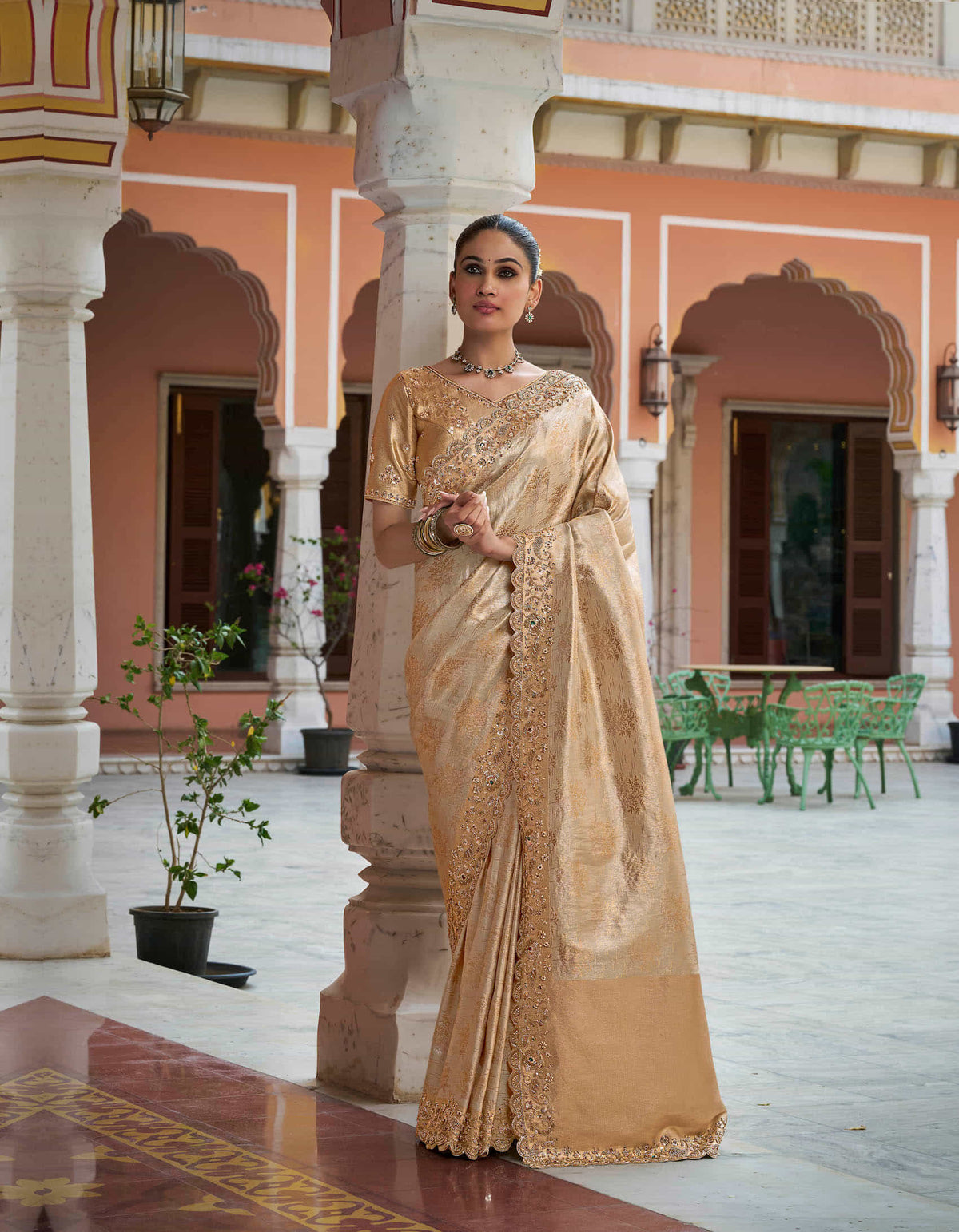 Antique Gold Kanjivaram silk Bead Work Saree