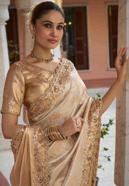 Antique Gold Kanjivaram silk Bead Work Saree