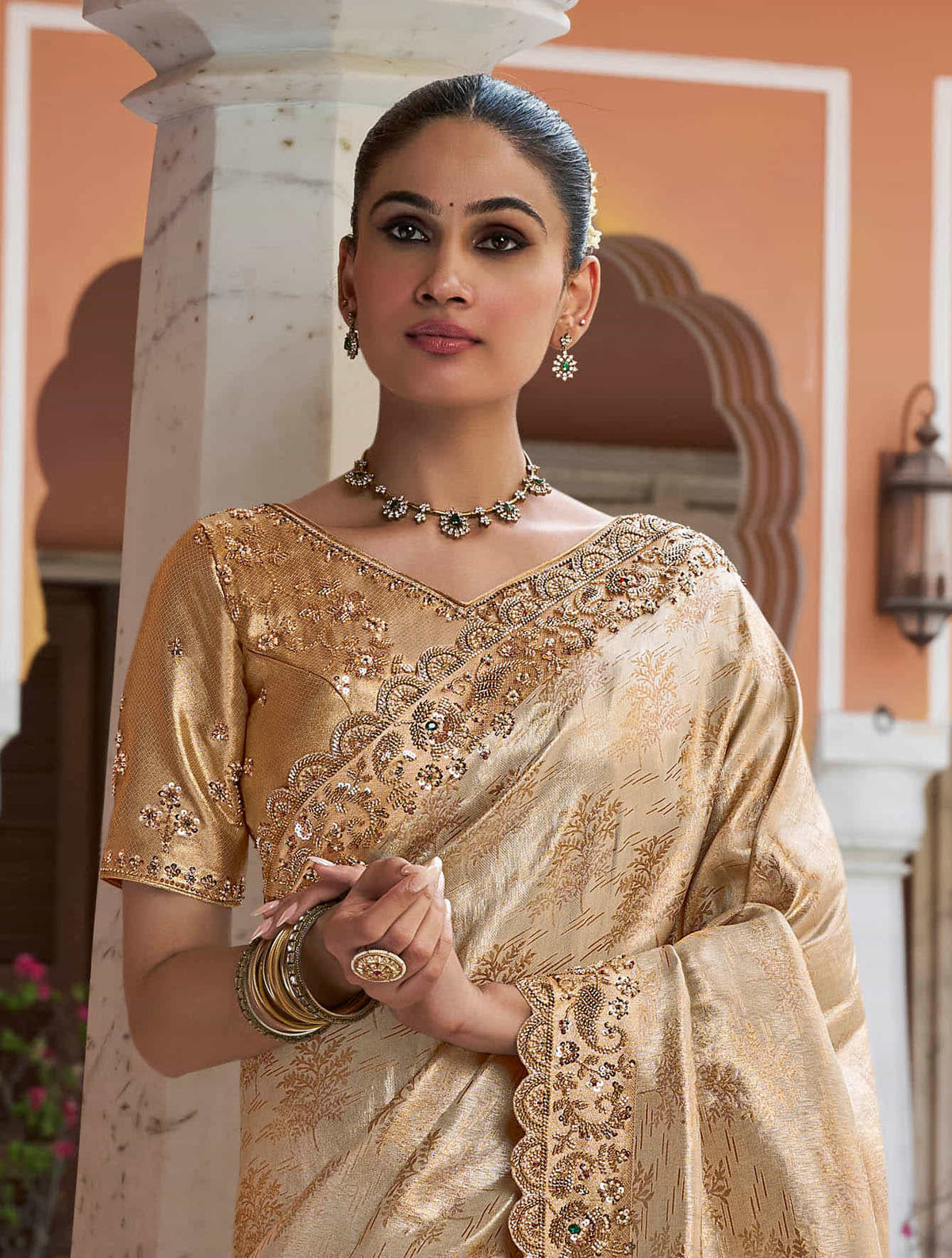 Antique Gold Kanjivaram silk Bead Work Saree