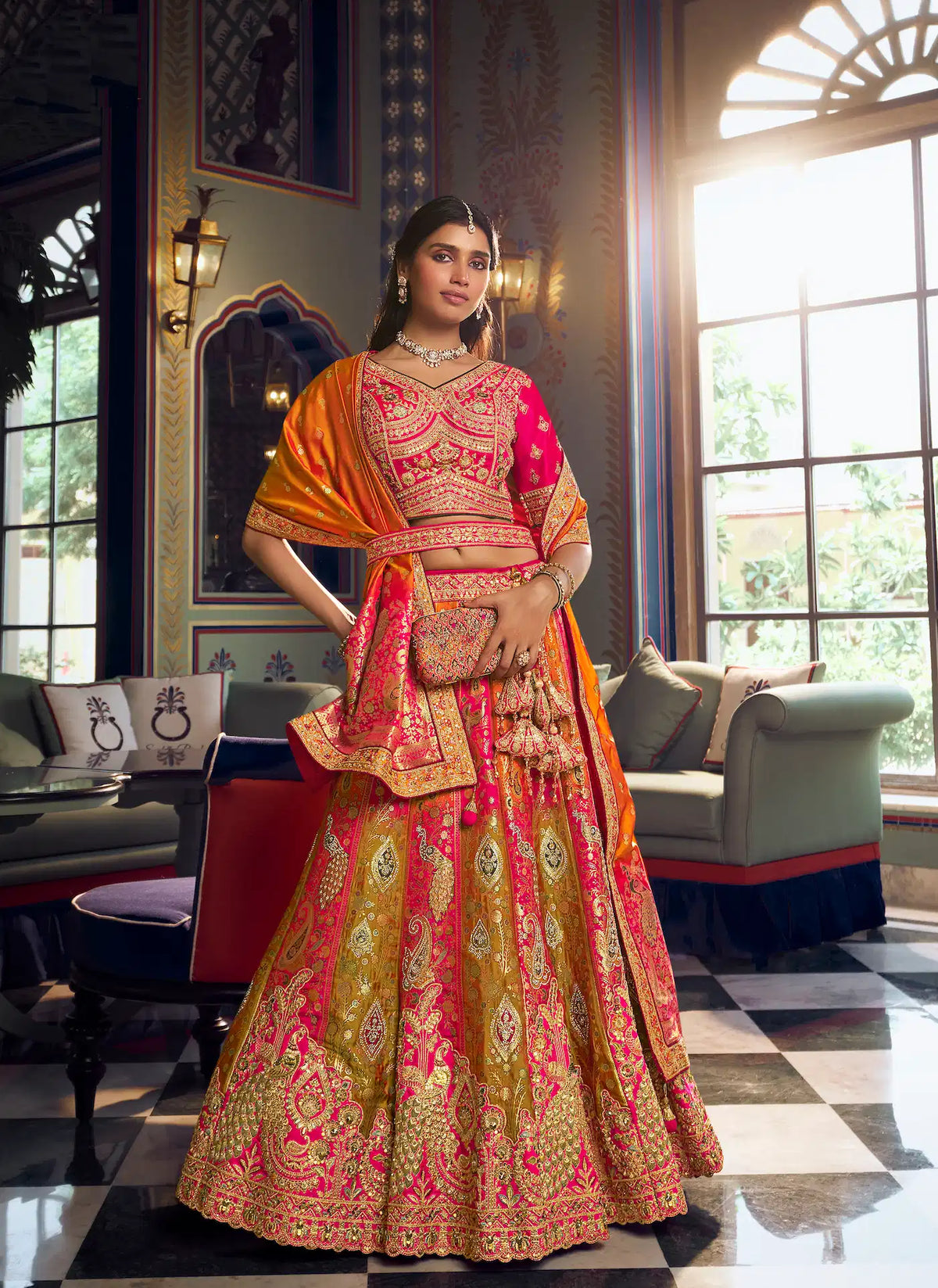 Pink-Orange Banarasi Silk Heavy Embroidery Lehenga
