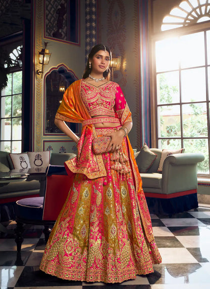 Pink-Orange Banarasi Silk Heavy Embroidery Lehenga