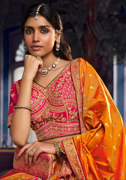 Pink-Orange Banarasi Silk Heavy Embroidery Lehenga