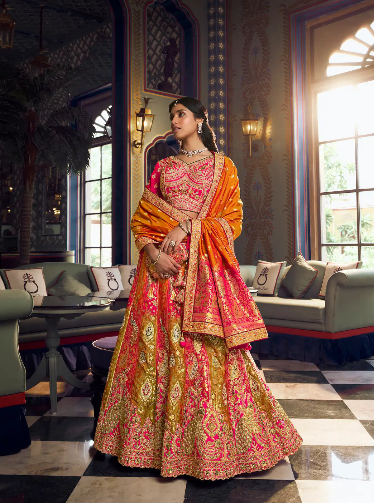Pink-Orange Banarasi Silk Heavy Embroidery Lehenga
