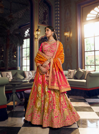 Pink-Orange Banarasi Silk Heavy Embroidery Lehenga