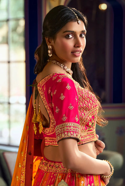 Pink-Orange Banarasi Silk Heavy Embroidery Lehenga