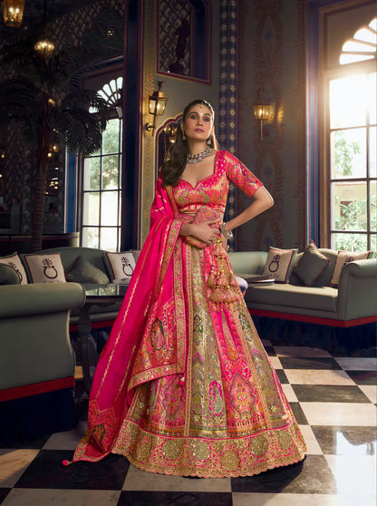 Pink-Grey Banarasi Silk Heavy Embroidery Lehenga