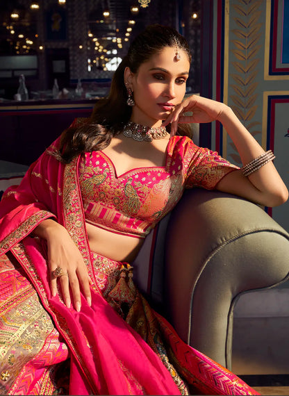 Pink-Grey Banarasi Silk Heavy Embroidery Lehenga