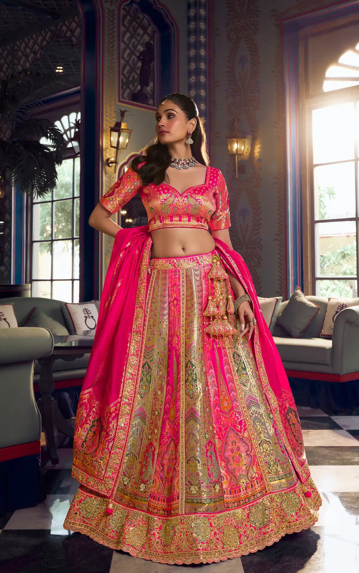 Pink-Grey Banarasi Silk Heavy Embroidery Lehenga
