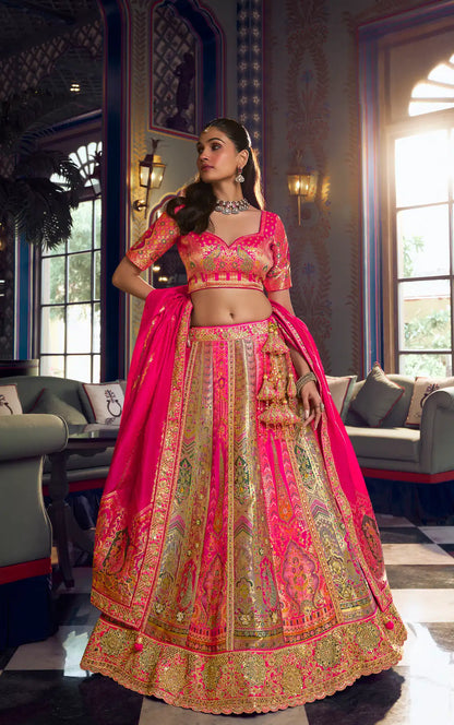 Pink-Grey Banarasi Silk Heavy Embroidery Lehenga