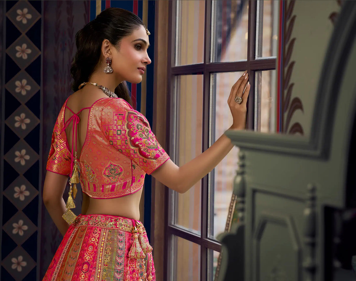 Pink-Grey Banarasi Silk Heavy Embroidery Lehenga
